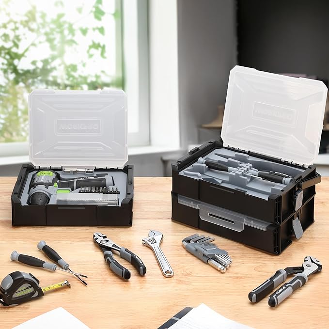 WORKPRO 43PCS Cordless Lithium-ion Drill Driver & Toolbox, 8V 2.0 Ah Power Drill Set with Household Hand Tool Kit, Battery Powered Screwdriver with Stackable Tool Box