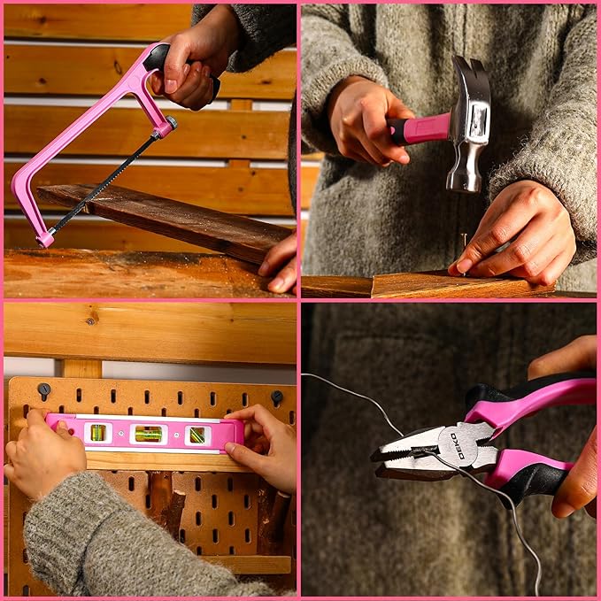Pink Tool Kit Box Drill Set:DEKOPRO Home Mechanic Toolbox with 12V Power Cordless Drill Hand Repair Tools Sets Combo Kits Storage Organizer Drawer Case for Men & Women