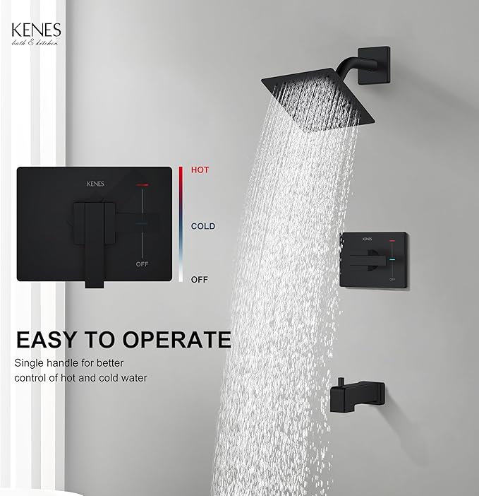 KENES Modern Matte Black Shower Faucet, Tub and Shower Trim Kit with Single-Spray Square Stainless Black Rain Shower Head, KE-6025A-2 (Shower Valve Included)