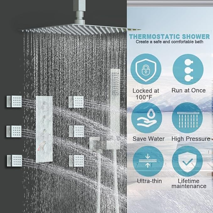 Enga Shower Jets System, 16 inch Ceiling Rainfall Shower System with Spray Jets(Can All Run Together) Thermostatic Shower System with Handheld Shower Head and 6 Body Spray Jets, Brushed Nickel