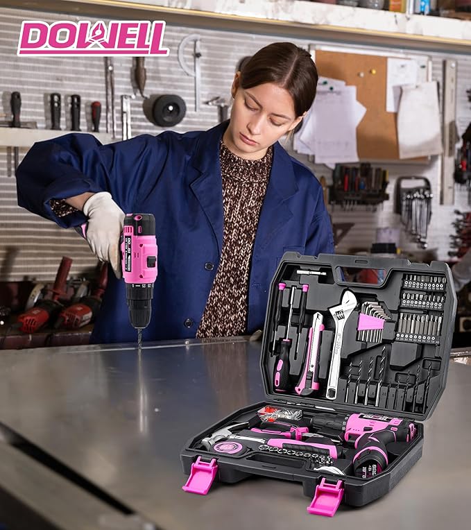 DOWELL 147 Pcs Pink Tool Kit with 12V Cordless Drill with 3/8" Keyless Chuck for Women, Home, Men, Built-in LED, Type-C Charge Cable