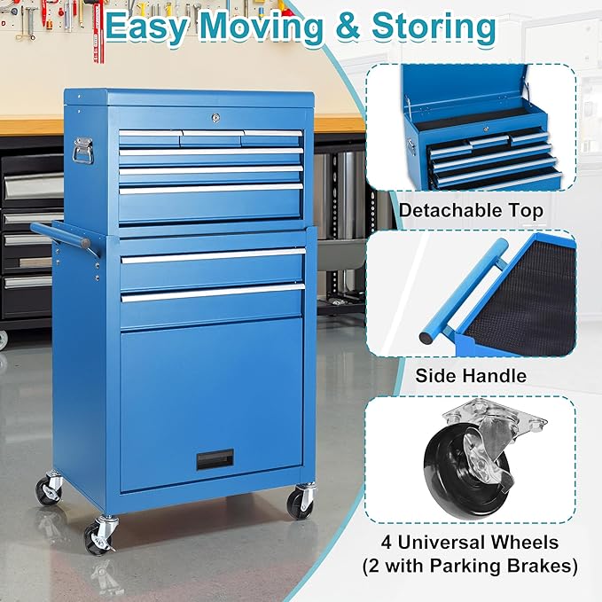 Tool Chest 8 Drawers Garage Storage Cabinet 2 in 1 Steel Frame Tool Chest with Wheels, Liner, Detachable Top, Lockable Wheels and Side Hooks for Garage, Blue
