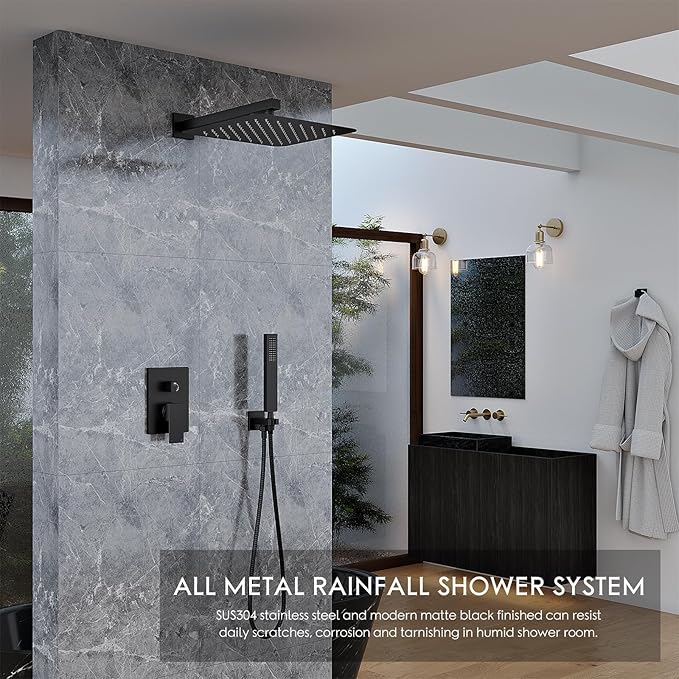 Alesco Shower System, Black Shower Faucet Set with 10-Inch High-Pressure Rainfall Showerheads and Handheld Spray combo, Showerfixture Include Valve and Trim Kit, Matte Black