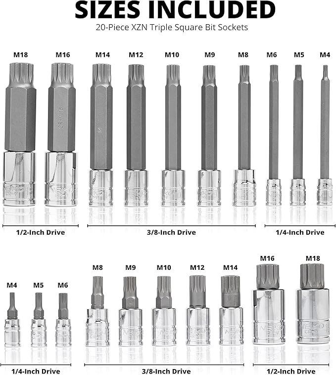 NEIKO 10057A XZN Triple Square Bit Set, 20-Piece, Extra Long 4" Spline Socket, 4mm to 18mm, 12 Point Tamperproof, Square Drive, S2 & Cr-V Steel