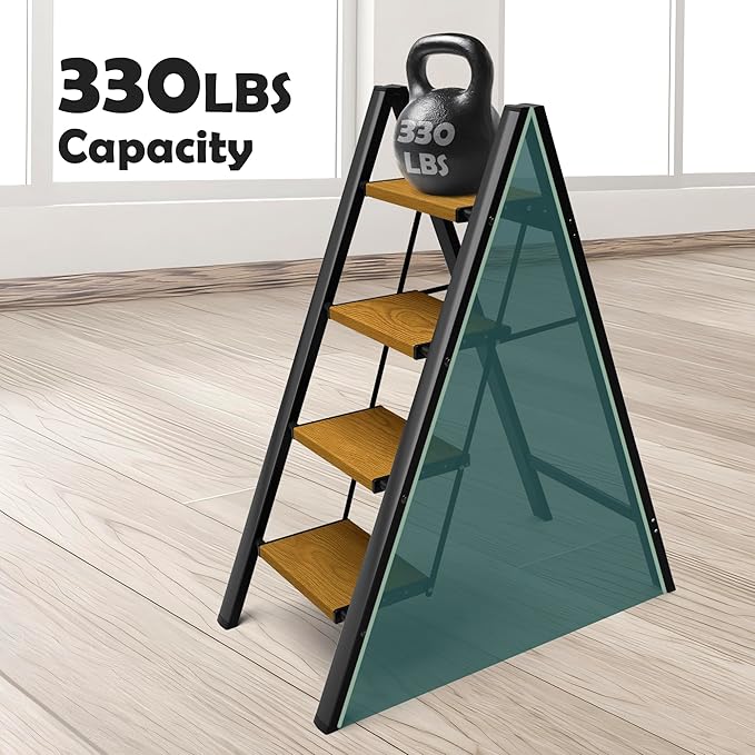 Taranta 4 Step Ladder,Aluminum Lightweight Folding 4 Step Stool with Anti-Slip Wide Pedal, 330lbs Capacity Step Ladder for Household,Kitchen,Office - BlackWoodgrain