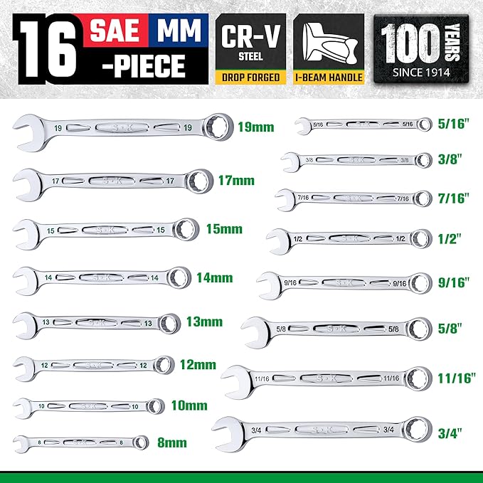 SK Combination Wrench Set, SAE 5/16" to 3/4", Metric 8, 10, 12, 13, 14, 15, 17, 19mm, 16-Piece, SuperKrome Finish, Premium CR-V Construction, with Rolling Pouch