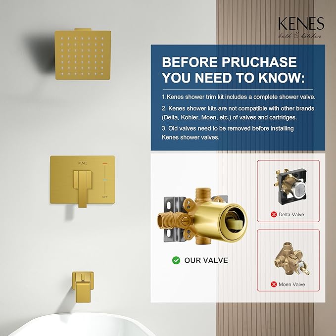 KENES Brushed Gold Shower Trim Kit, Modern Shower Faucet with Single-Spray Square Stainless Rain Shower Head, Tub and Shower Trim Kit Gold, KE-6025A-4 (Shower Valve Included)