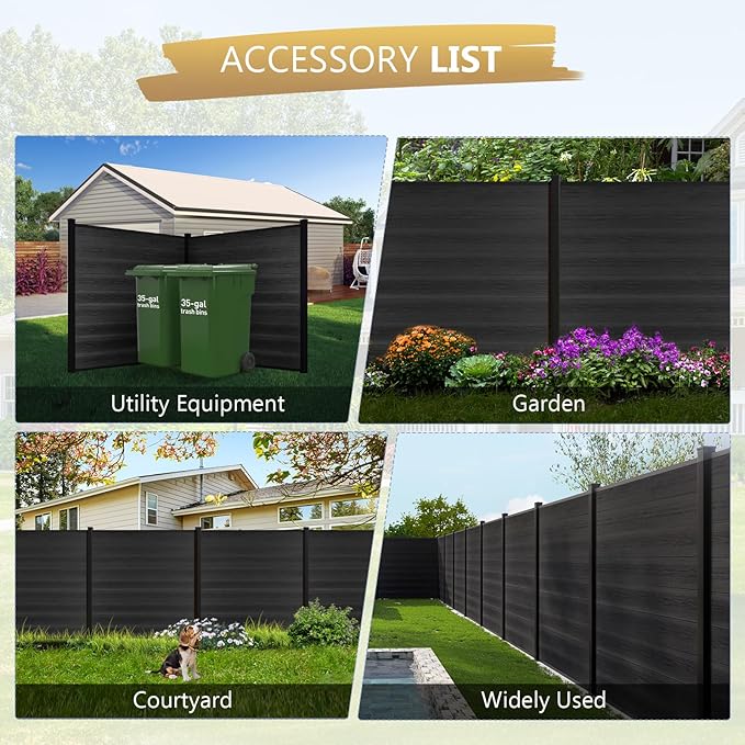 6 Feet×6 Feet Privacy Fence, Outdoor Wood Plastic Composite Fence Panel, Waterproof Security Barriers Fencing (Black with One 7.6FT Post)