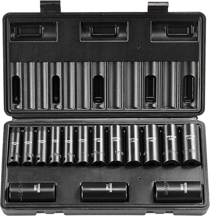 VEVOR 3/8" Drive Impact Socket Set, 15 Piece Deep Socket Set Metric 8-22mm, 6 Point Cr-Mo Alloy Steel for Auto Repair, Easy-to-Read Size Markings, Rugged Construction, Includes Storage Case