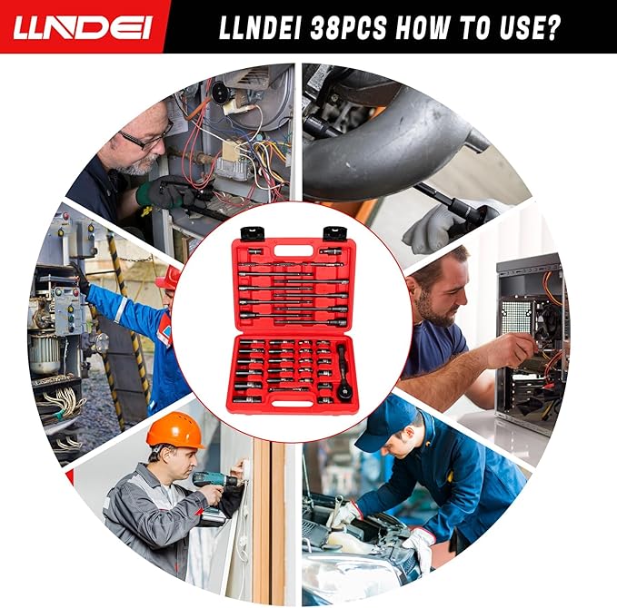 LLNDEI 1/4" Drive Socket Set & Nut Driver Set 38PCS,1/4-Inch Sockets Deep&Shallow SAE 5/32" to 9/16"? with Ratchet, Hex Shank 6" Long Nut Drivers(1/4" to 9/16") for Drill Bits(PH1 PH2)