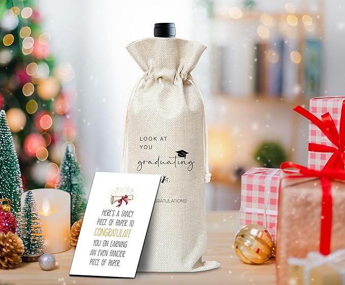 Graduation Wine Gifts Bag, Congratulations Graduation Reusable Wine Bag, Champagne Gifts Bag, Congrats Gifts For College Masters Doctorate Graduation Party, Burlap Drawstring Wine Bag With Card-18