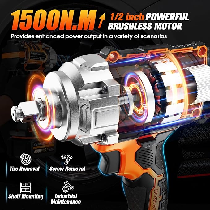 1500N.m Impact Wrench, 1/2" High Torque 1107ft-lbs Cordless Impact Gun with 2 x 4.0Ah Battery, 21V Power Impact Driver with 6 Sockets,LED Light,Electric Impact Truck RV Car Heavy Construction