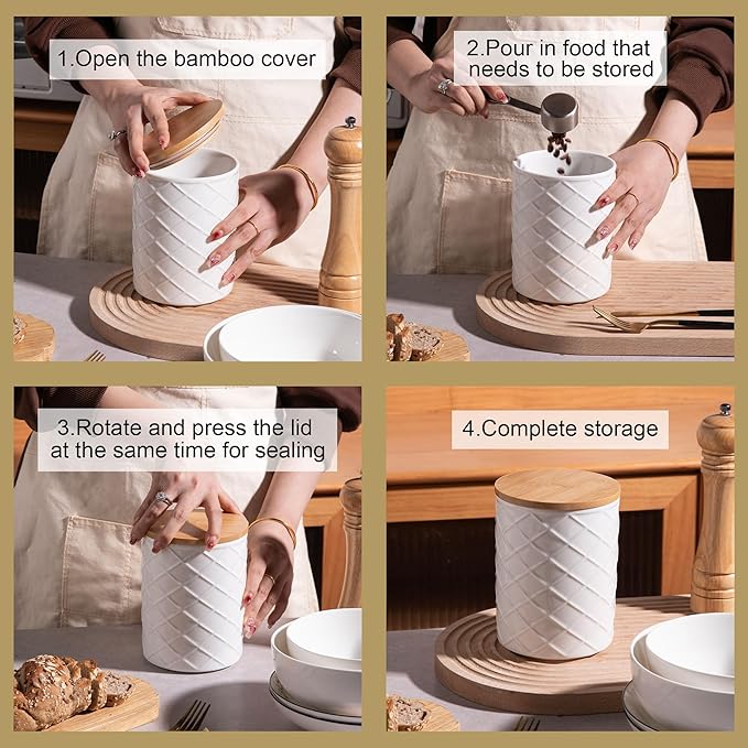 Sweejar Ceramic Canisters Sets for Kitchen Countertop, Relief Food Storage Jar with Bamboo Lid, Stackable Container for Flour, Coffee, Pasta, Cereal, Tea, Cookies, Sugar, Spices, Pack of 4 (Black)