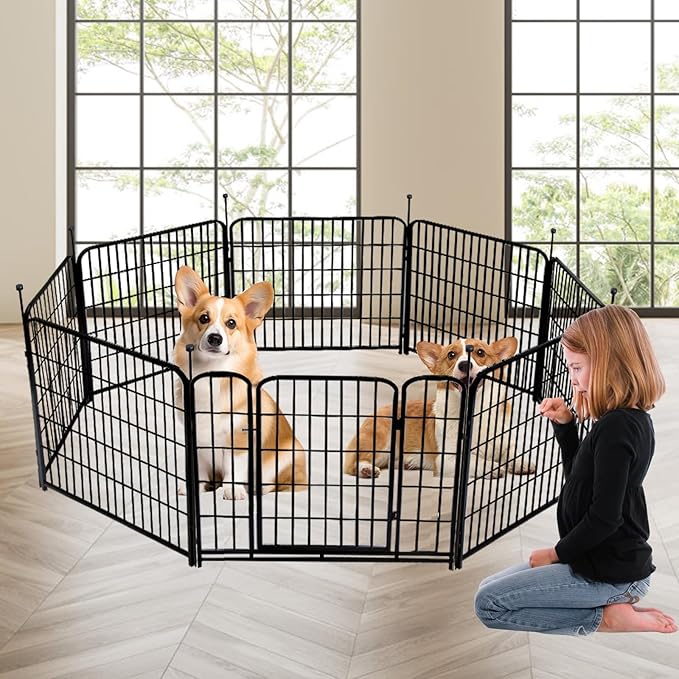 Tall Garden Fence with Gate 48 in(H)×27 in(L) 12 Panels Total 26.6 Ft(L), Garden Fencing to Keep Dogs Out, Heavy Duty Iron Metal Animal Barrier Fence, Flower Bed Fencing