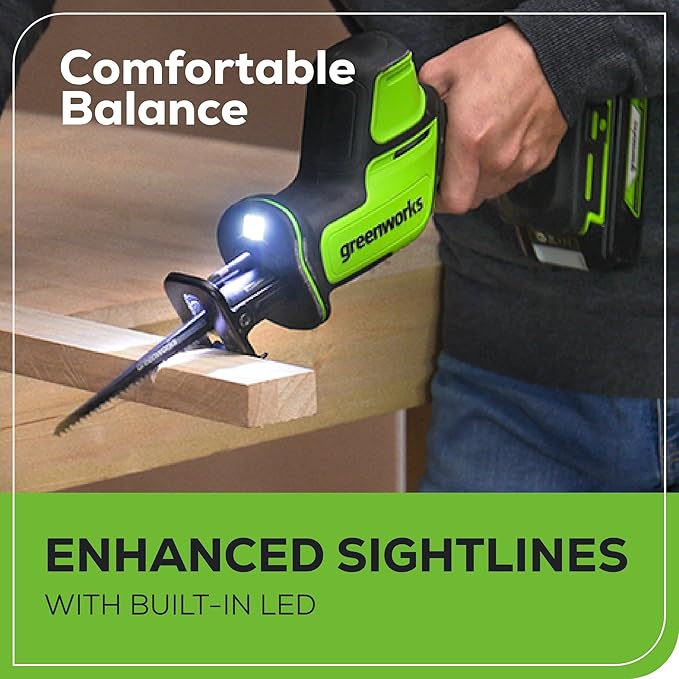 Greenworks 24V Brushless 1" Compact One-Handed Reciprocating Saw (3,000 SPM), Cordless Powered Variable Speed Recip Saw, Battery Not Included