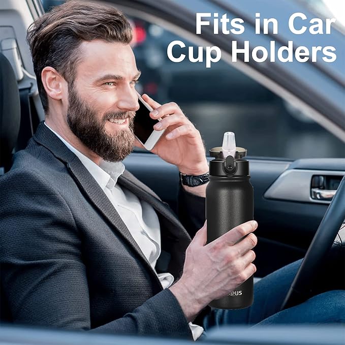 GOPPUS 20oz Insulated Stainless Steel Water Bottle with Straw Lid Reusable Leakproof Water Flask, Keeps Hot and Cold Sports Canteen Water Bottles for Kids Men Women Gym οΌBlack 1 LidοΌ