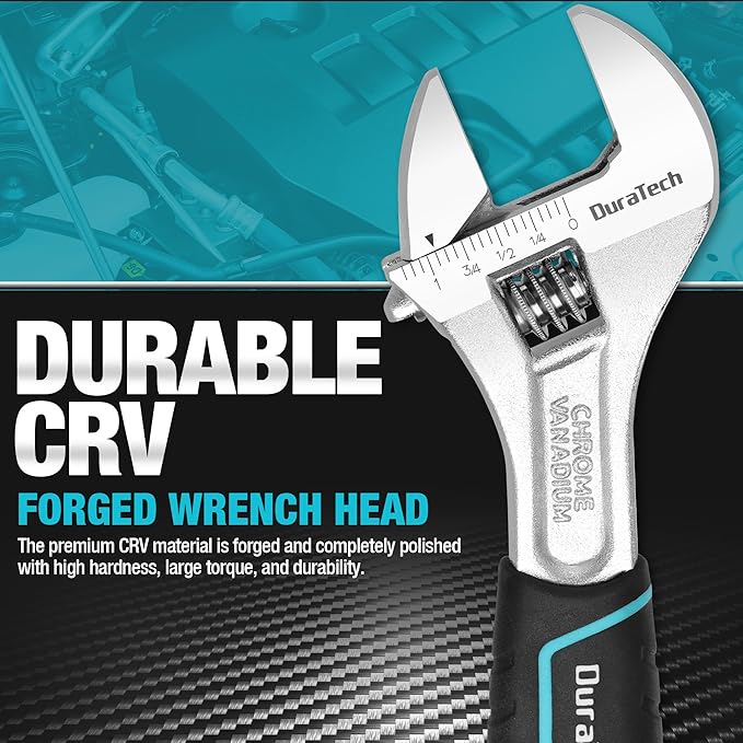 DURATECH 8-Inch Adjustable Wrench, Cr-V Steel Wrench, Wide Jaw Wrench, Metric & SAE Scales, for Home, Garage, Workshop and DIY