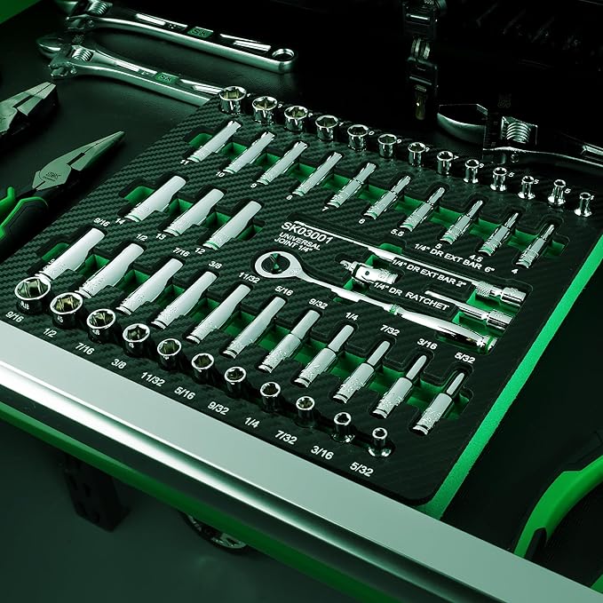 SK 1/4" Drive Socket Set with 160-P Ratchet, 52-Piece, SAE & Metric, SuperKrome Finish, Premium CR-V Construction, with EVA Foam Tool Organizer