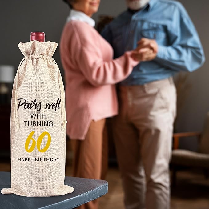 Happy Birthday Wine Bag Gifts - 60th Birthday Gift Ideas Funny Birthday Wine Bag Birthday Gift Drawstring Burlap Wine Bottle Bag for Women Men 60th Birthday Gifts