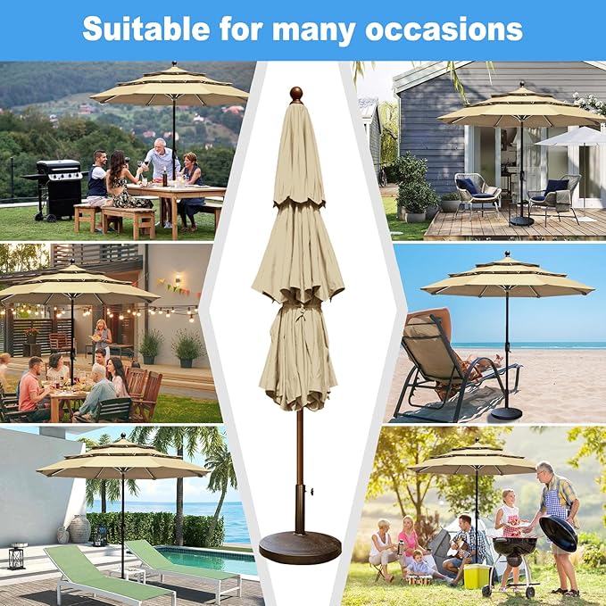 Eurmax USA 10-Year-Non-Fading 10Ft 3 Tiers Market Umbrella Outdoor Patio Umbrella Table Umbrella with 8 Ribs,Hand Crank and Ventilation (Sand)