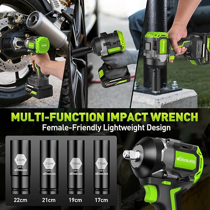 1/2 Impact Gun, 850Nm (630Ft-lbs) High Torque Brushless, Cordless Impact Wrench with 20V 4Ah Battery, 3-Speed, 4 Cr-V Sockets, LED Light, Variable Speeds, Electric Wrench for Car Tire, Mower Lug Nut