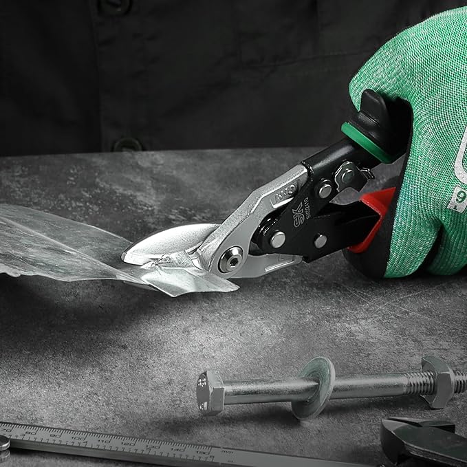 SK 10 Inch Aviation Tin Snips, Left Cut, Cr-Mo Steel Blade, Anti-slip Handle and Safety Latch, for Cutting Sheet Metal