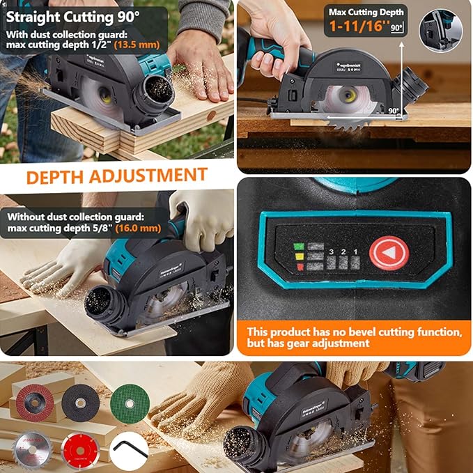 4" Cordless Circular Saw & Mini Angle Grinder 2-in-1 – Brushless Motor, 3-Speed, Reversible, 4000mAh Battery, Compatible with Makita 18V – Cuts Wood, Metal, Tile, Plastic