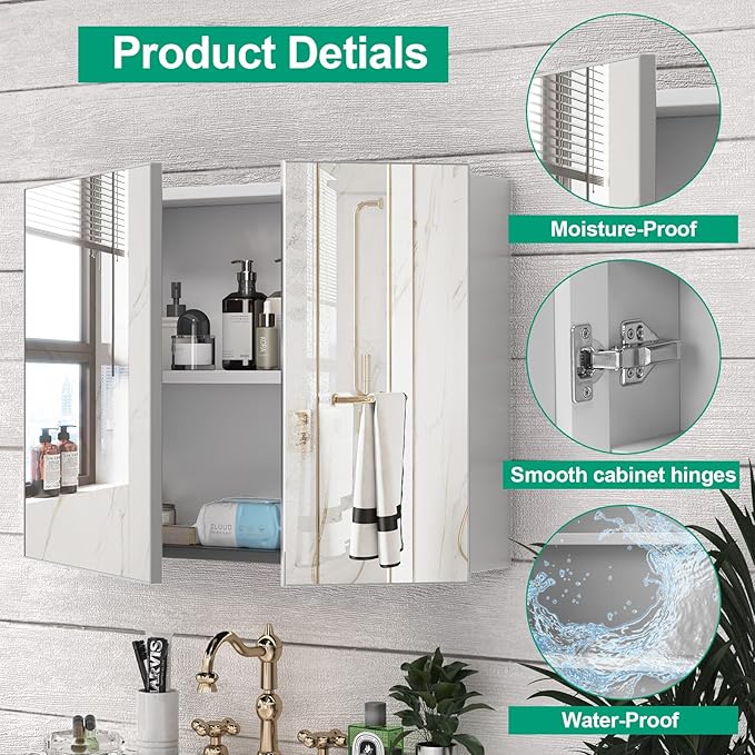 36 x 24 Farmhouse Medicine Cabinet, Tempered Frameless Bathroom Mirror with Storage, Silver Recessed or Surface Mount Aluminum Medicine Cabinet for Bathroom Modern