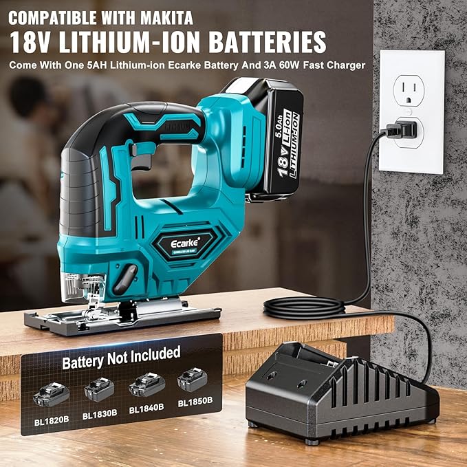 JigSaw Compatible With Makita 18V Battery, Brushless Cordless jigsaw tool with Variable Speed LED Light, ±45° Bevel Cuts 3-Position Orbital Action for Cutting (With 5Ah Battery & Charger Station Kit)