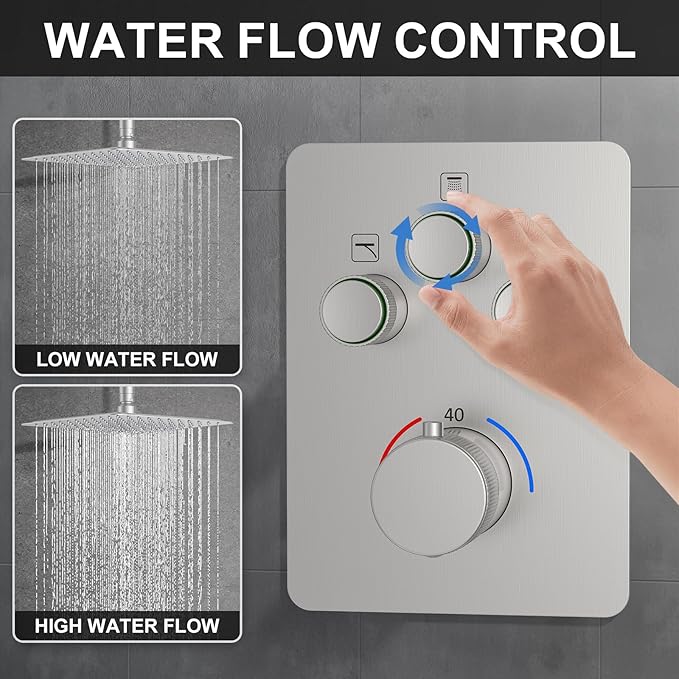 KOJOX Brushed Nickel Thermostatic Shower System, Push Button Diverter Shower Faucet Set with 12" Ceiling Mount Rain Shower, 6" Wall Mount Shower Head, and 4-in-1 Handheld Spray