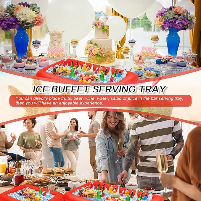 Leitee 4 Pcs Inflatable Ice Serving Bars Buffet Serving Tray Drink Cooler for Pool Party Inflatable Ice Tray Floating Food Drink Containers with Drain Plug and a Hand Pump, 2 Sizes (Red)