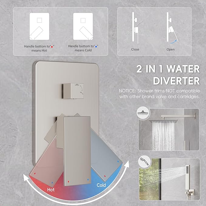 Alesco Shower Faucet Set, Brushed Nickel Shower System with 12-Inch High-Pressure Rainfall Showerheads and Handheld Spray combo, Showerfixture Include Valve and Trim Kit, Brushed Nickel