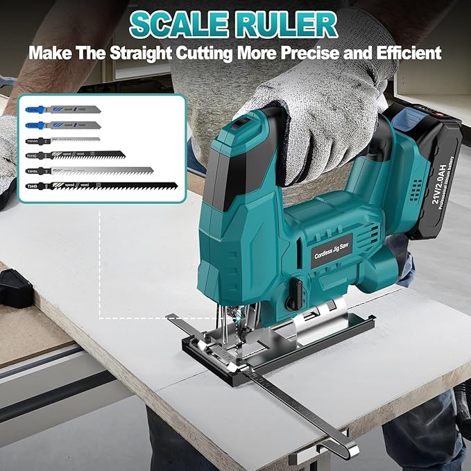Cordless Jig Saw with Battery & Charger, Jigsaw Tool for Makita 18V Battery, with LED Light, Varible Speed, Bevel Angle (0°-45°), 3-Position Orbital Jig Saw for Wood PVC Metal Cutting