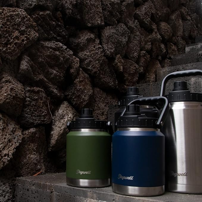 SkyWell 128 Oz Insulated Water Bottle Sleeve and Cup Kit Wide Mouth Water Flask Sweat-Proof and Leak-Proof 1 Gallon Stainless Steel Water Jug for Outdoors, Black Kit