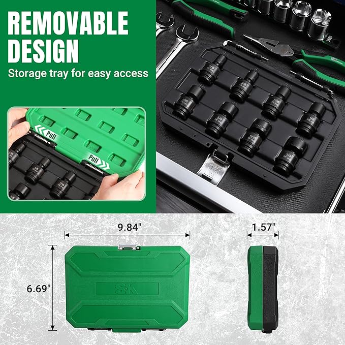 SK 3/8" Drive Universal Swivel Impact Socket Set, SAE Socket Set, 8-Piece, Premium CR-MO Steel, SureGrip 6 Point Design, with Storage Case