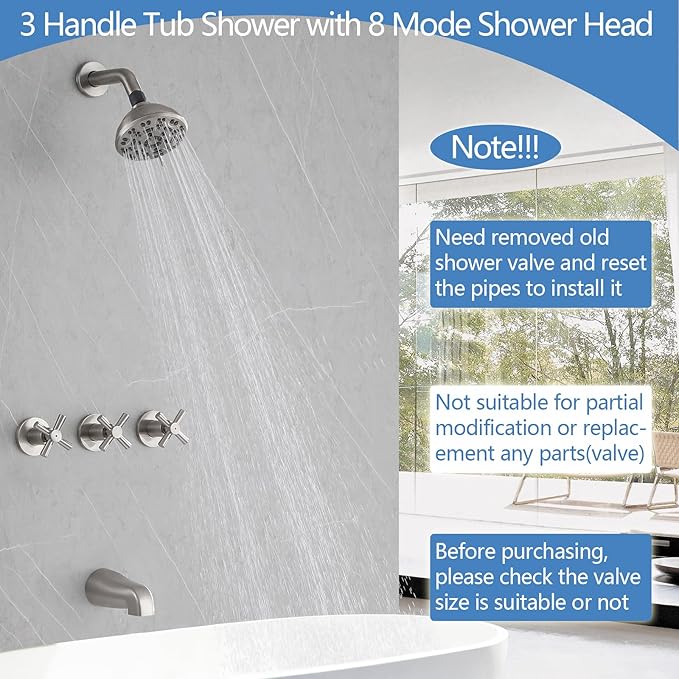 3 Handles Shower Faucet Set with Tub Spout Bathtub Shower Faucets Combo Set Shower System Complete Tub and Shower Trim Kit Shower Fixtures Brushed Nickel