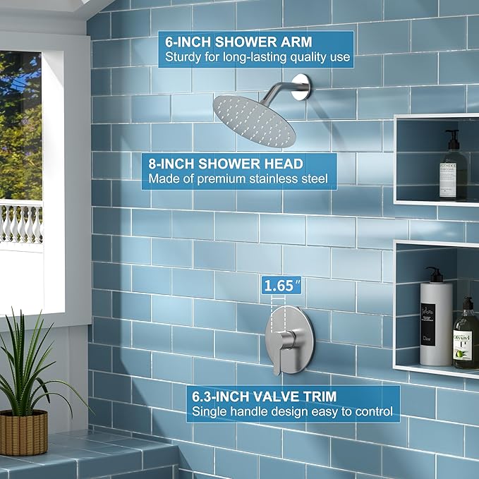 Shower Faucet, Brushed Nickel Shower Faucet Set with 8-Inch Rainfall Showerhead, Single-Handle Shower-Trim Kit Included Valve, Brushed Nickel