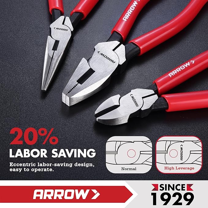 ARROW 3PCS Pliers Set, 6" Needle Nose Pliers, 6" Diagonal Plier, 7" Linesman with Non-slip Handle, Premium Carbon Steel, High Leverage Design