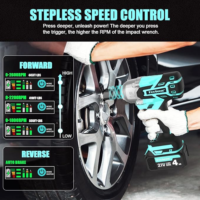 Cordless Impact Wrench Impact Driver Kit 1/2 Impact Gun 21V Brushless High Speed Torque 445 Ft-lbs Impact Drill, Electric Socket Wrenches 4.0Ah Battery Powered Half Inch Craftsman Power Tool Set