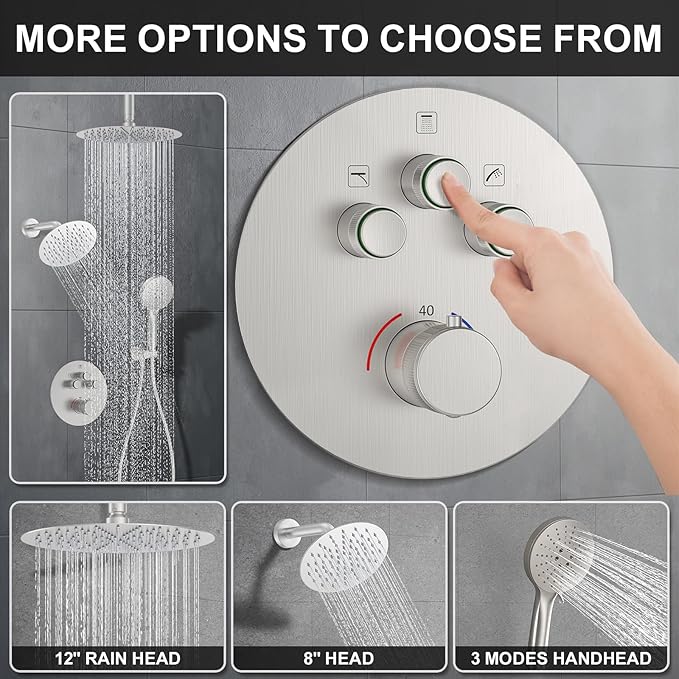 KOJOX Brushed Nickel Thermostatic Shower System, Push Button Diverter Shower Faucet Set with 12" Ceiling Mount Rain Shower, 8" Wall Mount Shower Head, and 3-in-1 Handheld Spray