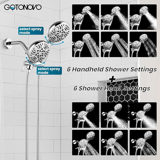 gotonovo Shower Valve and Trim Kit 2 in 1 Shower Head and Handle Set System Bathroom Shower Faucet Set 3 Modes Various Combinations High Pressure with Rough-in Valve Polished Chrome