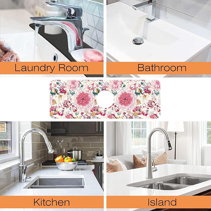 Kitchen Faucet Mat Artistic Floral Kitchen Sink Splash Guard Faucet Mat,1 PC Splash Guard Behind Faucet Drip Catcher for Kitchen,Sink Mat,Dish Drying Mat,Bathroom Faucet Mat 15.5""X5.5""