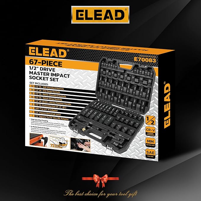 ELEAD 67 Piece 1/2" Drive Deep Impact Socket Set: Standard SAE (3/8"-1-1/4") & Metric (8-24 mm), Including 3 ", 5", 10" Extension Bar, Universal Joint, Ratchet Handle and Adapter