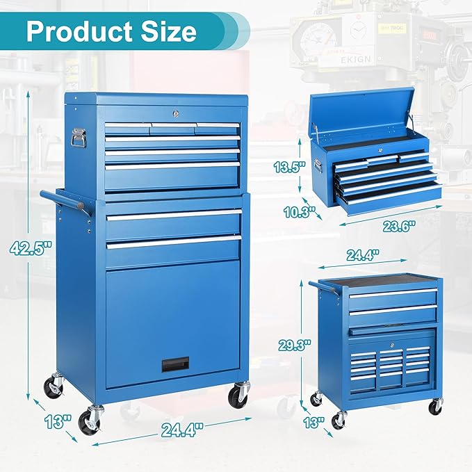 Tool Chest 8 Drawers Garage Storage Cabinet 2 in 1 Steel Frame Tool Chest with Wheels, Liner, Detachable Top, Lockable Wheels and Side Hooks for Garage, Blue