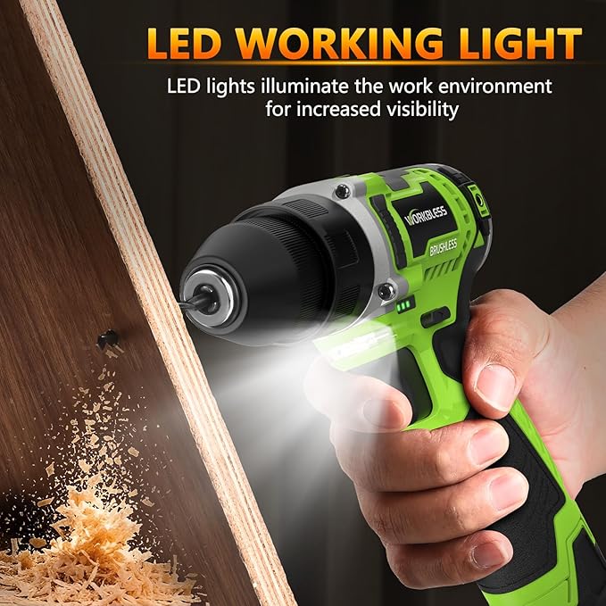 12V Brushless Power Drill, Cordless Drill with LCD Smart Display, 29+1 Torque Setting, 3/8 Inch Keyless Metal Chuck, 2.0Ah Battery, Fast Charger and 18Pcs Bits Included(Green)