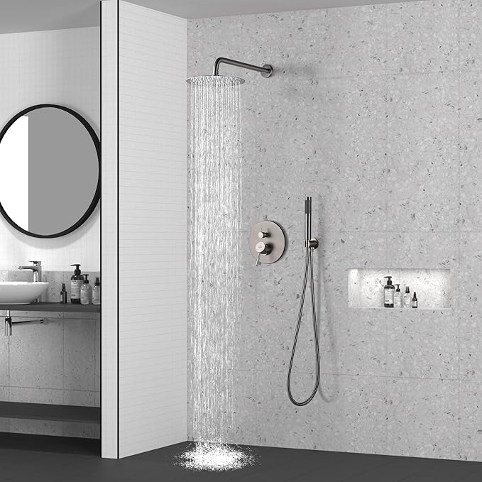 CASAINC Shower Valve and Trim Kit, 10 Inch Round 2 Functions Rain Shower Head with Handheld Spray Wall Mounted Shower System (Brushed Nickel)