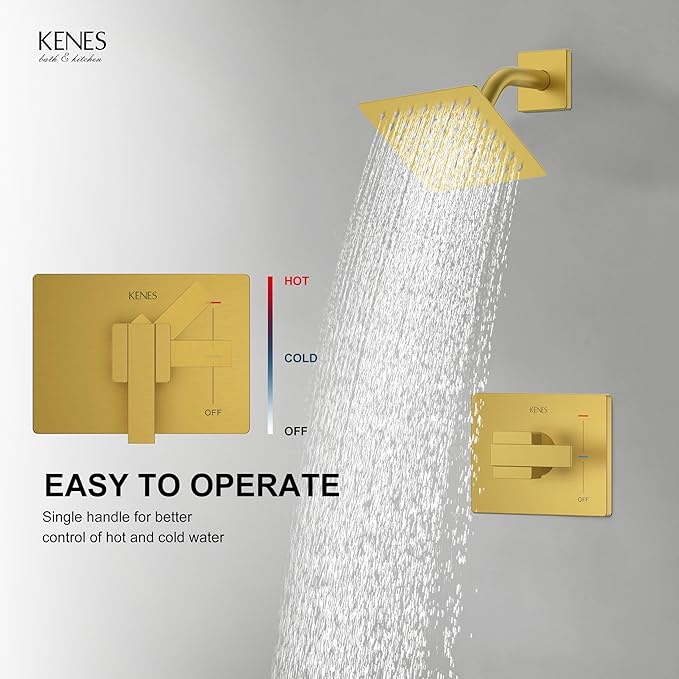 KENES Modern Brushed Gold Shower Faucet, Square Shower Trim Kit with Single-Spray Stainless Gold Rain Shower Head, Shower Trim Systems Wall Mount, KE-6025B-4 (Shower Valve Included)