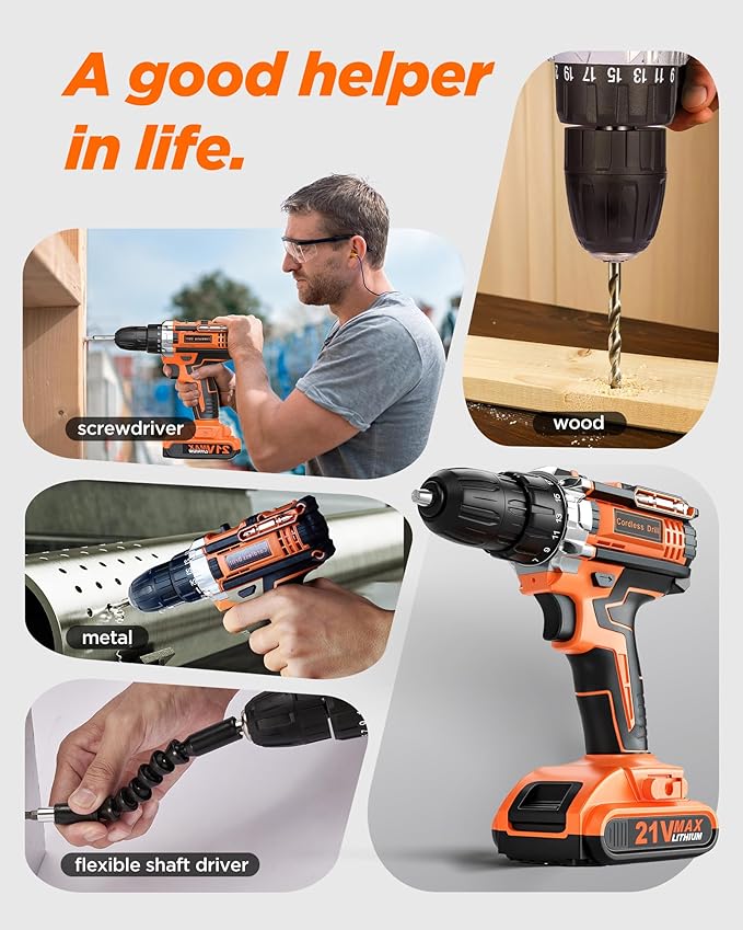 Cordless Drill Set, KELNOW 21V PowerDrill with Power Pack and Charger, 3/8-Inch Keyless Chuck ElectricDrill, 25+1 Position, 2 Speed, 27pcs Drilldriver Bits Tool Drills for DIY Projects