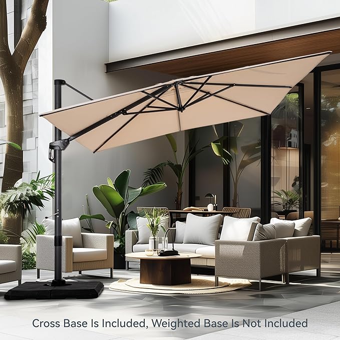 PHI VILLA 10ft Cantilever Patio Umbrella with Crank Handle, 7-Level Tilt & 360° Rotation, Aluminum Square Outdoor Offset Umbrella Windproof & Crashproof for Garden, Deck, Pool (Beige)