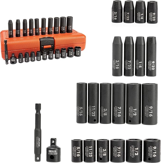 NEIKO 02435A, 22 Piece, 1/4 Socket Set, Standard 3/16” – 9/16” SAE, Deep and Shallow Sockets, Chrome Vanadium Steel, 3/8” to 1/4” Reducer, Hex Shank Socket Impact Adapter, 1/4 Drive Socket Set